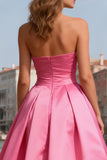 Strapless Bright Pink A Line Prom Dress With Pearls