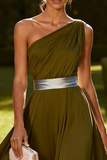 One Shoulder Olive A Line Chiffon Maxi Dress