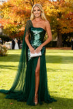 Sparkly Dark Green Sequin One Shoulder Sheath Long Formal Dress with Slit