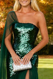 Sparkly Dark Green Sequin One Shoulder Sheath Long Formal Dress with Slit