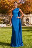 Royal Blue One Shoulder Long Mermaid Formal Dress with Side Streamer