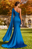 Royal Blue One Shoulder Long Mermaid Formal Dress with Side Streamer