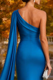 Royal Blue One Shoulder Long Mermaid Formal Dress with Side Streamer