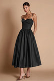 Black A Line Spaghetti Straps Satin Long Formal Dress