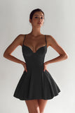 Black A Line Satin Spaghetti Straps Short Cocktail Dress