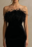 Black Velvet Strapless Long Holiday Party Dress with Feather