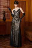 Sparkly Black Apricot Sheath Spaghetti Straps Long 1920s Dress with Sequins
