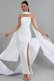 Sparkly White Strapless Sheath Convertible Long Prom Dress with Neck Scarf