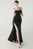 Black Spaghetti Straps Mermaid Long Prom Dress with Slit