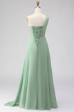 Sage Green Chiffon One Shoulder Ruched Long Bridesmaid Dress with Slit
