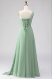 Sage Green A-Line One Shoulder Long Bridesmaid Dress with Slit