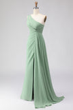 Sage Green A-Line One Shoulder Long Bridesmaid Dress with Slit