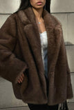 Brown Notched Lapel Faux Fur Women Coat