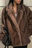 Brown Notched Lapel Faux Fur Women Coat