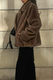 Brown Notched Lapel Faux Fur Women Coat