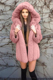 Brown Puffy Long Sleeve Hooded Faux Fur Women Coat