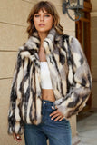 Black Striped Faux Fur Stand Collar Women Coat