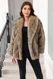 Coffee Faux Fur Shawl Lapel Women Coat with Belt