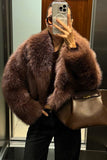 Brown Shawl Lapel Faux Fur Women Short Winter Coat