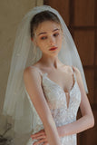 Sparkly Ivory Tulle Short Bridal Veil with Pearls
