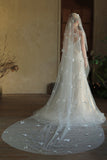 Sparkly Ivory Butterflies Tulle Long Wedding Veil with Pearls