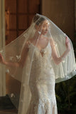 Sparkly Ivory Butterflies Tulle Long Wedding Veil with Pearls