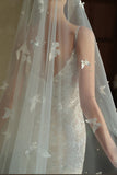 Sparkly Ivory Butterflies Tulle Long Wedding Veil with Pearls