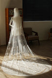 Sparkly Ivory Butterflies Tulle Long Wedding Veil with Pearls