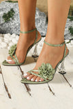 Green Ankle Strap Open Toe Transparent High Heels with 3D Flower