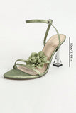 Green Ankle Strap Open Toe Transparent High Heels with 3D Flower