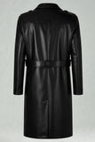 Black Notched Lapel Leather Double Breasted Men's Long Trench Coat