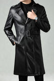 Black Notched Lapel Leather Double Breasted Men's Long Trench Coat