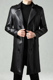 Black Notched Lapel Leather Double Breasted Men's Long Trench Coat