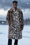Brown Leopard Faux Fur Open Front Long Men's Coat