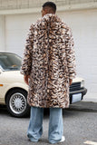 Brown Leopard Faux Fur Open Front Long Men's Coat