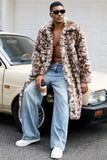 Brown Leopard Thick Faux Fur Open Front Long Men's Coat