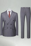 2 Piece Striped Double Breasted Khaki Men's Suits