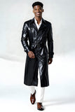 Black Leather Notched Lapel Men's Trench Coat with Belt