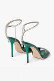 Sparkly Dark Green Rhinestones Stilettos High Heels Sandal with Ankle Chain