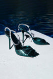 Sparkly Dark Green Rhinestones Stilettos High Heels Sandal with Ankle Chain