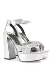 Silver Open Toe Chunky Patent Platform High Heels Pumps with Ankle Strap