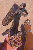 Open Toe Coffee Leopard Print Chunky Prom High Heels Pumps with Rhinestones
