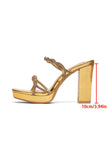 Sparkly Golden Double Strap Rhinestones Prom High Heels Chunky Sandal