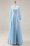 Sky Blue Chiffon A-Line V Neck Long Wedding Guest Dress with Slit