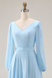 Sky Blue Chiffon A-Line V Neck Long Wedding Guest Dress with Slit