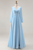 Sky Blue Ruched A-Line V Neck Long Sleeves Wedding Guest Dress with Slit
