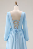 Sky Blue Ruched A-Line V Neck Long Sleeves Wedding Guest Dress with Slit