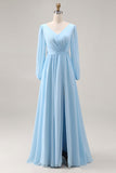Sky Blue V Neck Long Sleeves Ruched Wedding Guest Dress with Slit