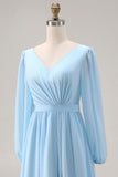 Sky Blue V Neck Long Sleeves Ruched Wedding Guest Dress with Slit