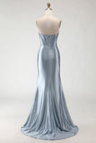 Grey Blue Mermaid Beaded Strapless Corset Ruched Long Prom Dress with Slit